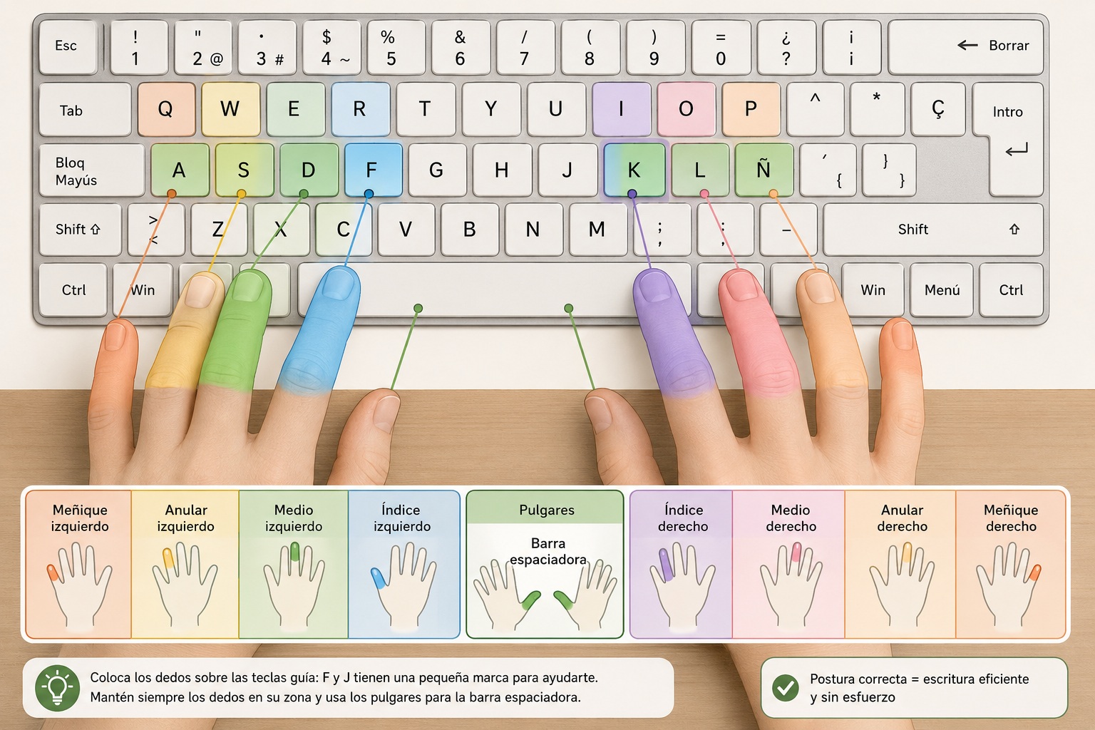 Posición de las manos sobre las teclas guía